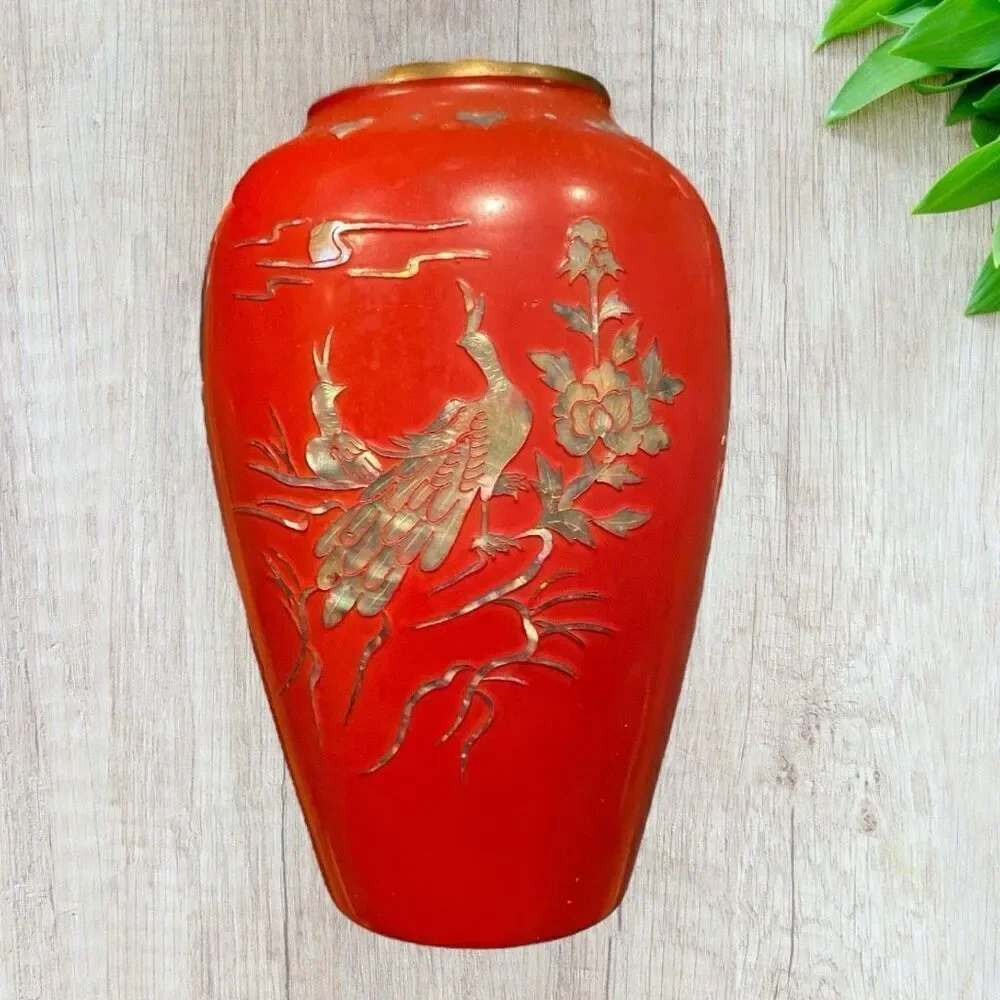 Vintage Brass Enamel Vase Mother Of Pearl Inlay Hearts Peacock